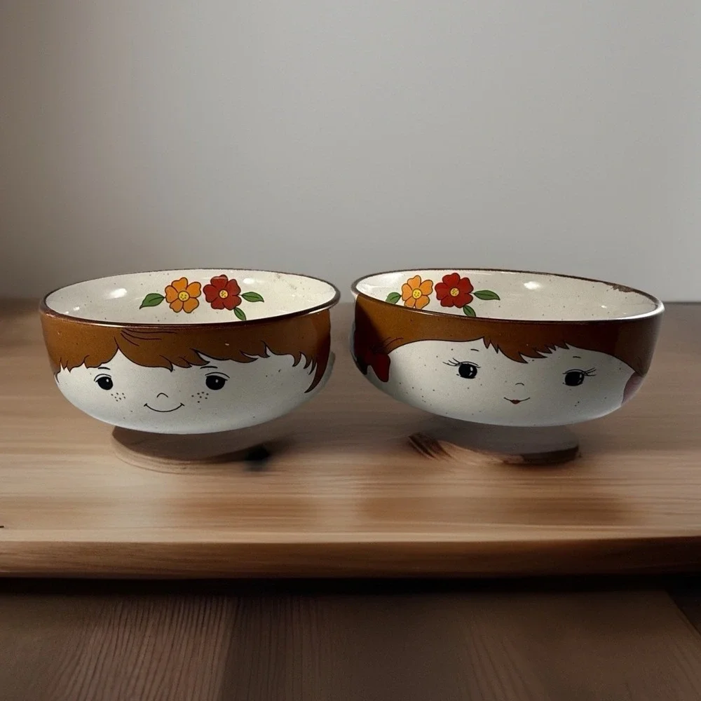 (2) Interpur MCM Vintage Stoneware  Bowls  With Country‎ Boy & Girl Face 5.25
